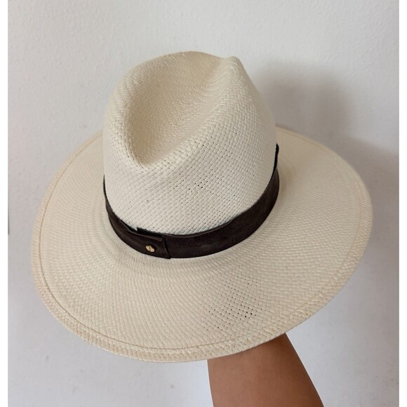 Janessa Leone Marcell Hat M Bleach White Straw Fedora Brown Suede Band USA Chic main image 8